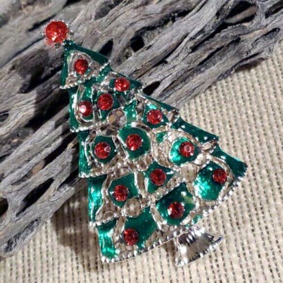 Y2K 90s VintageRed Rhinestone Christmas Tree Enamel Christmas Sweater Pin Brooch - Picture 1 of 7